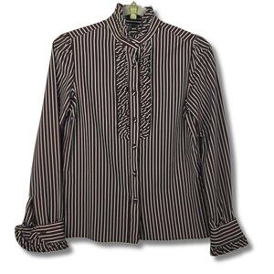 Vintage Striped Black White and Red Josephine Ruffle Long Sleeved Blouse